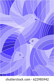 Illustration in stained glass style with abstract birds ,tone blue
