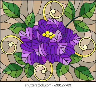 Illustration in stained glass style with abstract purple flower, buds and leaves of rose on a brown background