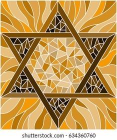 Illustration in stained glass style with an abstract six-pointed  star , brown tone, sepia 