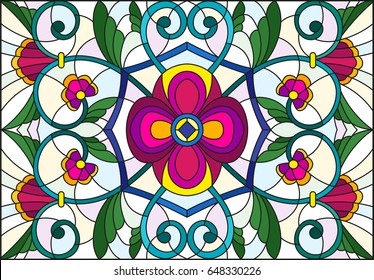 Illustration in stained glass style with abstract  swirls,flowers and leaves  on a light background,horizontal orientation