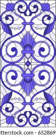 Illustration in stained glass style with abstract  swirls,flowers and leaves  on a light background,vertical orientation gamma blue