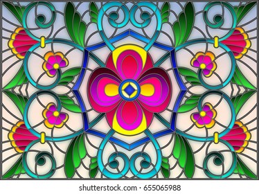 Illustration in stained glass style with abstract  swirls,flowers and leaves  on a light background,horizontal orientation