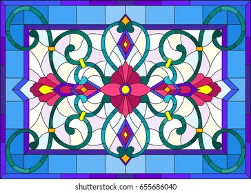 Illustration in stained glass style with abstract  swirls,flowers and leaves  on a light background,horizontal orientation