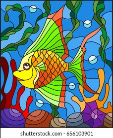 Illustration in stained glass style with abstract colorful exotic fish amid seaweed, coral and shells