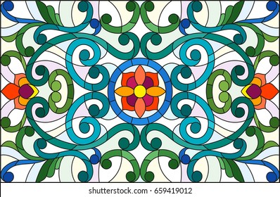 Illustration in stained glass style with abstract  swirls,flowers and leaves  on a light background,horizontal orientation