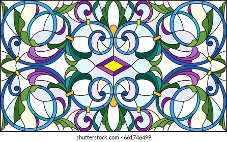 Illustration in stained glass style with abstract  swirls,flowers and leaves  on a light background,horizontal orientation