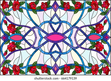 Illustration in stained glass style with abstract  swirls,flowers of roses and leaves  on a light background,horizontal orientation