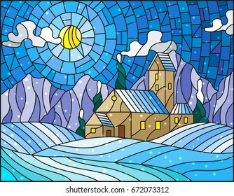 Illustration in stained glass style with abstract winter landscape,a lonely house amid fields, mountains , sky and falling snow