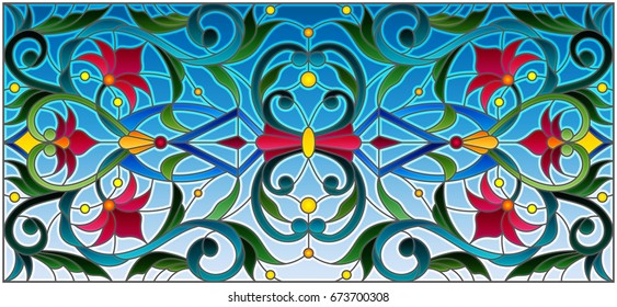 Illustration in stained glass style with abstract pink flowers on a blue background