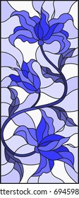 Illustration in stained glass style with abstract  swirls,flowers and leaves  on a light background,gamma blue