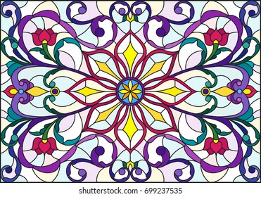 Illustration in stained glass style with abstract  swirls,flowers and leaves  on a light background,horizontal orientation