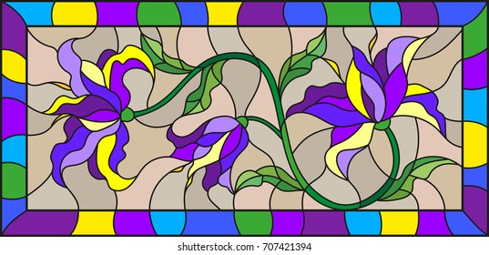 Illustration in stained glass style with abstract blue flowers on a beige background in a bright frame