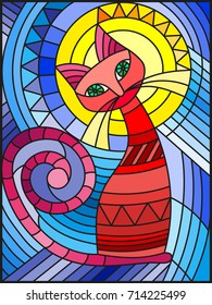 Illustration in stained glass style with abstract red geometric cat