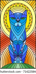 Illustration in stained glass style with abstract blue geometric cat