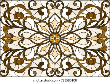 Illustration in stained glass style with abstract  swirls and leaves  on a light background,horizontal orientation, sepia