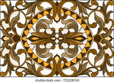 Illustration in stained glass style with abstract  swirls and leaves  on a light background,horizontal orientation, sepia