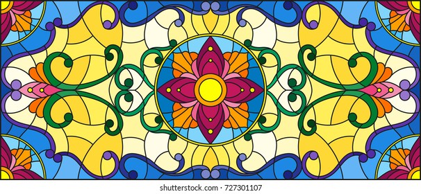 Illustration in stained glass style with abstract  swirls,flowers and leaves  ,horizontal orientation