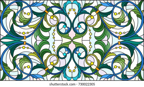 Illustration in stained glass style with abstract  swirls,flowers and leaves  on a light background,horizontal orientation