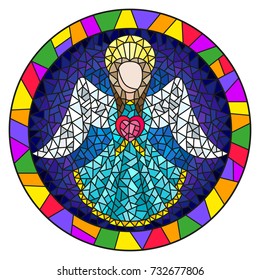 Illustration in stained glass style with an abstract angel in blue robe with a heart , round picture frame in bright