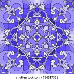 Illustration in stained glass style with abstract  swirls and leaves  on a light background,square image, gamma blue