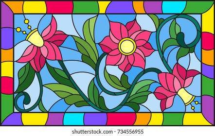 Illustration in stained glass style with abstract pink flowers on a yellow background in bright frame