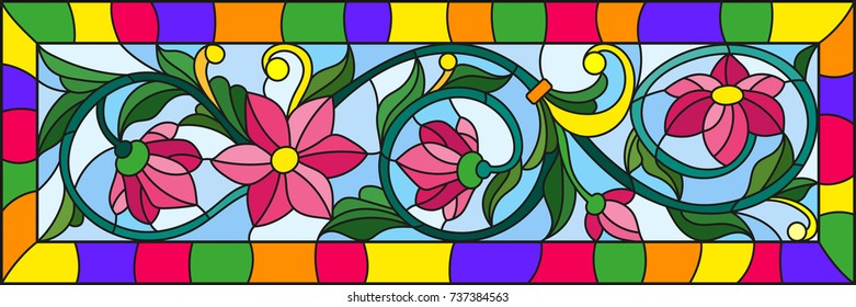 Illustration in stained glass style with abstract pink flowers on a blue  background in bright frame