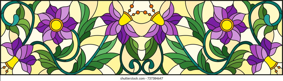 Illustration in stained glass style with abstract  swirls,purple flowers and leaves  on a yellow  background,horizontal orientation