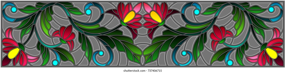 Illustration in stained glass style with abstract pink flowers on a grey background