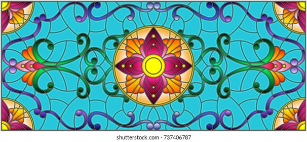 Illustration in stained glass style with abstract  swirls,flowers and leaves  on a blue background,horizontal orientation