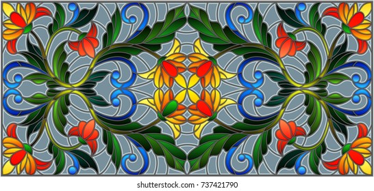 Illustration in stained glass style with abstract orange flowers on a grey background