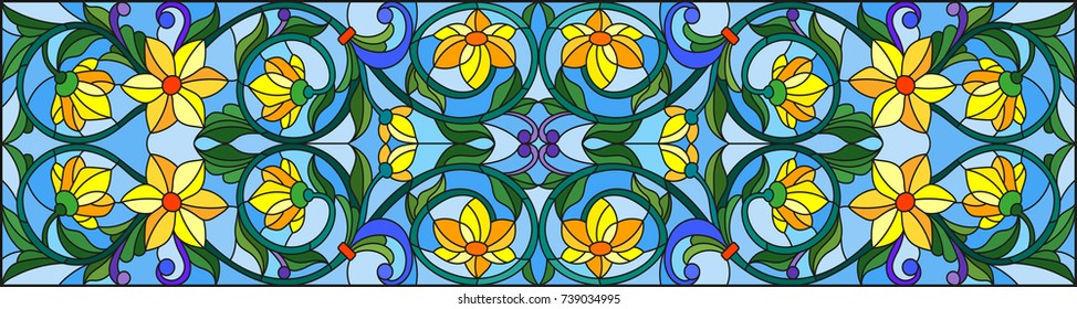 Illustration in stained glass style with abstract  swirls,yellow flowers and leaves  on a blue background,horizontal orientation