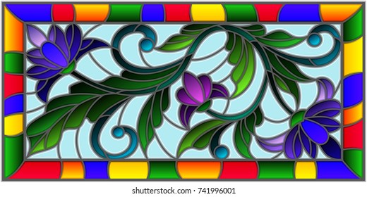 Illustration in stained glass style with abstract purple flowers on a blue background in bright frame