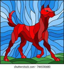Illustration in stained glass style abstract in red dog on a background of meadows and sky