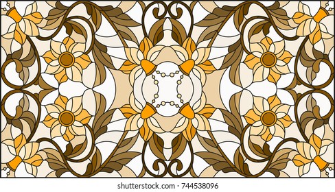 Illustration in stained glass style with abstract flowers, swirls and leaves  on a light background,horizontal orientation, sepia