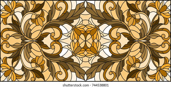 Illustration in stained glass style with abstract flowers, swirls and leaves  on a light background,horizontal orientation, sepia