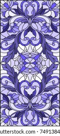 Illustration in stained glass style with abstract  swirls,flowers and leaves  on a light background,vertical orientation gamma blue