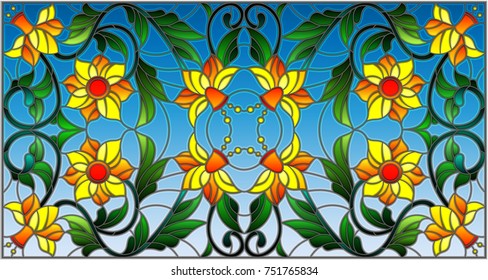 Illustration in stained glass style with abstract orange flowers on a blue background