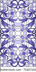 Illustration in stained glass style with abstract  swirls,flowers and leaves  on a light background,vertical orientation gamma blue