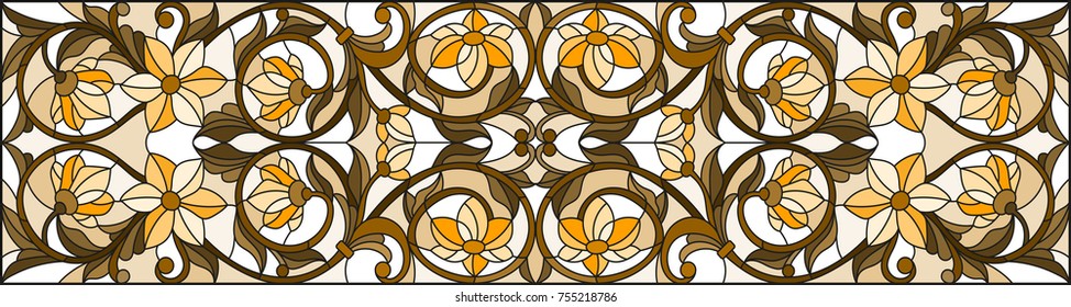 Illustration in stained glass style with abstract  swirls ,flowers and leaves  on a light background,horizontal orientation, sepia