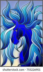 Illustration in stained glass style with abstract blue face of his horse with developing mane on sky background