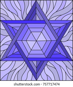 Illustration in stained glass style with an abstract six-pointed blue star on a blue background