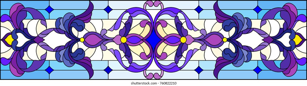 Illustration in stained glass style with abstract  swirls,flowers and leaves  ,horizontal orientation