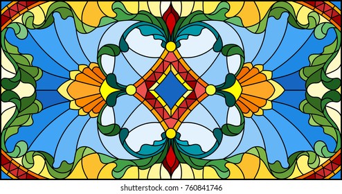 Illustration in stained glass style with abstract  swirls,flowers and leaves  ,horizontal orientation