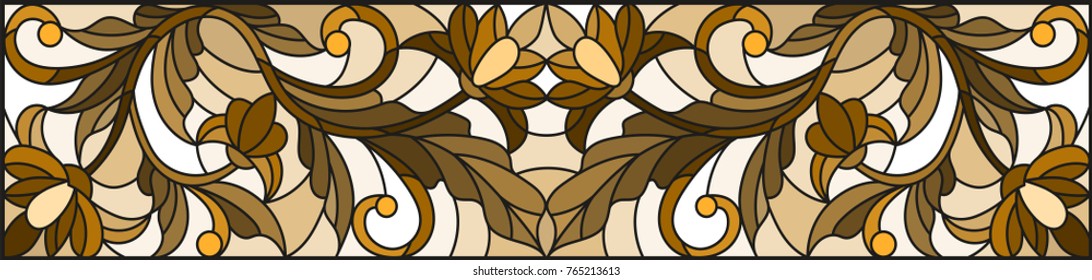 Illustration in stained glass style with abstract  swirls ,flowers and leaves  on a light background,horizontal orientation, sepia