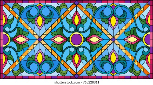 Illustration in stained glass style with abstract  swirls,flowers and leaves  on a blue background,horizontal orientation