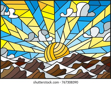 Illustration in stained glass style abstract mountains, sun and clouds in the sky