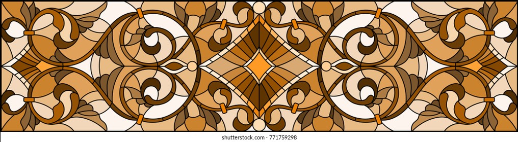 Illustration in stained glass style with abstract  swirls and leaves  on a light background,horizontal orientation, sepia