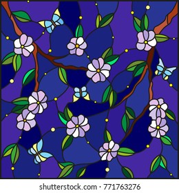 Illustration in stained glass style with abstract blossoms tree  and moths on a starry sky background