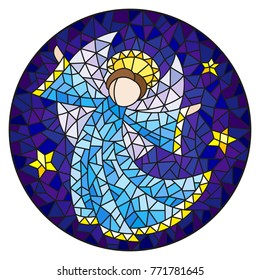 Illustration in stained glass style with an abstract angel in blue robe  , round picture