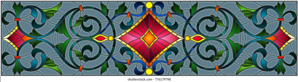 Illustration in stained glass style with abstract  swirls,flowers and leaves  on a grey background,horizontal orientation